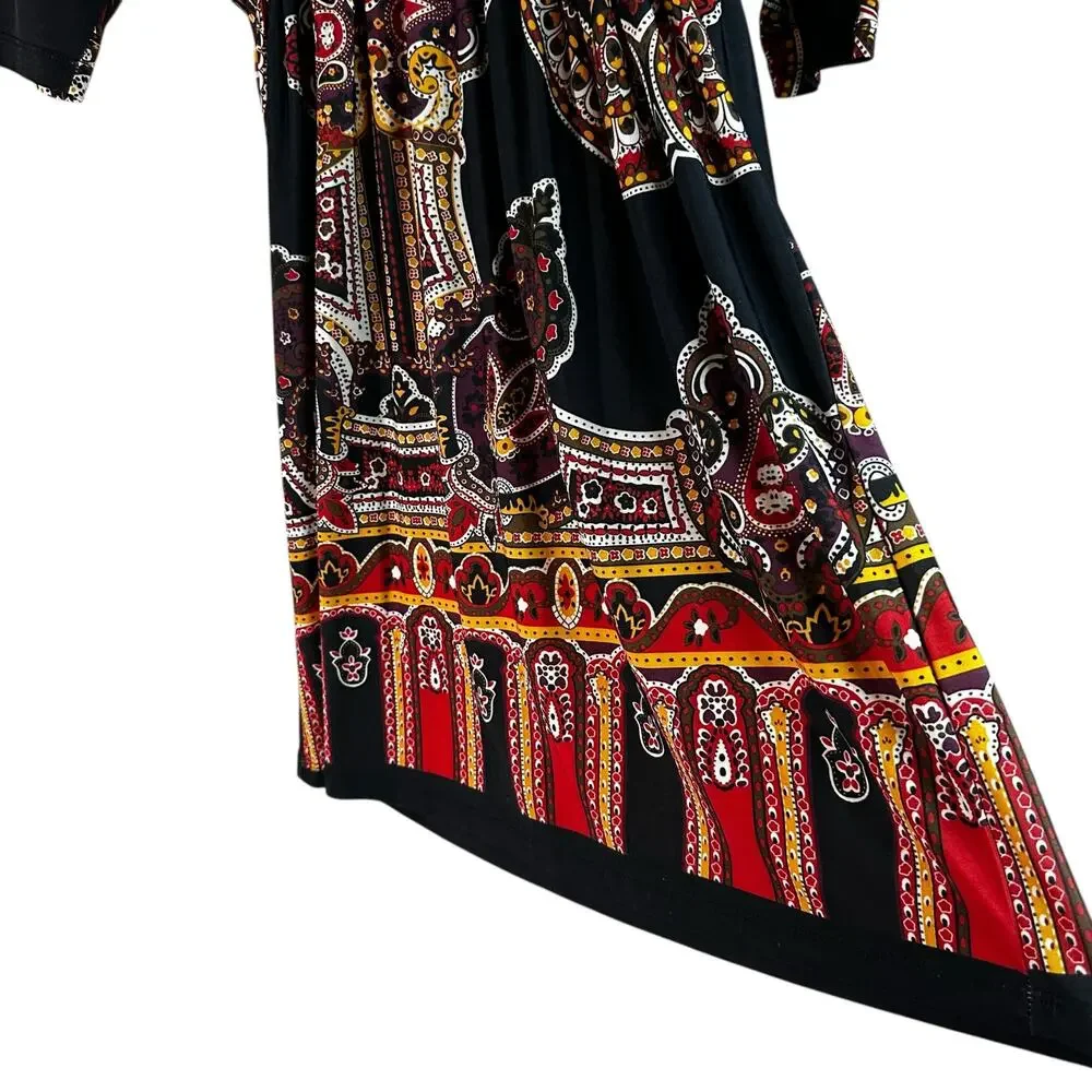 Cristina Love V-Neck Kimono-Sleeve Kaftan Tunic-Style Dress Black Multi L Boho - Picture 5 of 10